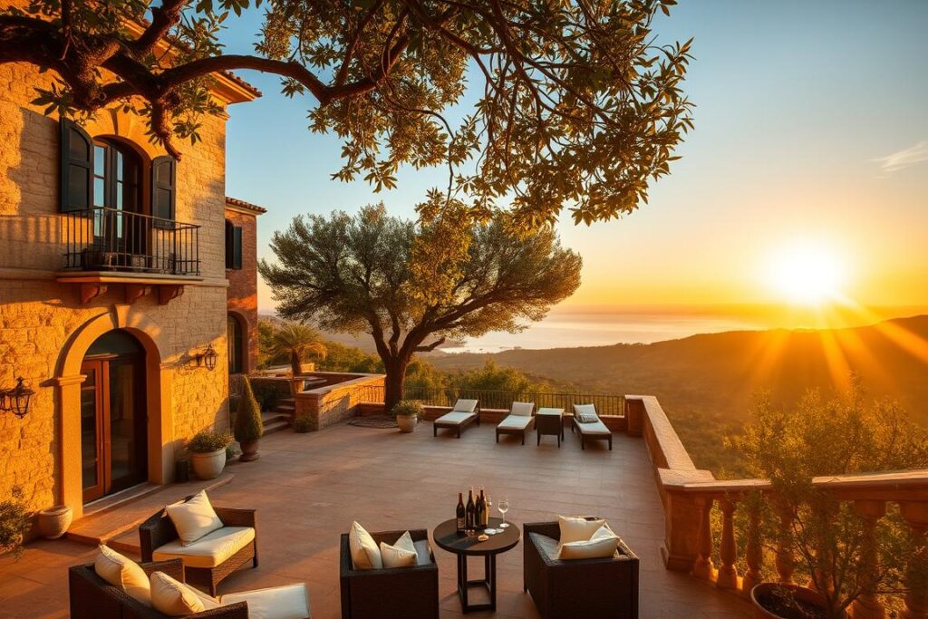 A boutique hotel nestled in the hills of Sicily, surrounded by lush olive groves and the azure waters of the Tyrrhenian Sea. The warm Mediterranean sun casts a golden glow over the honey-colored stone facade, its arched windows and wrought-iron balconies exuding a timeless elegance. In the foreground, a tranquil courtyard invites guests to lounge on plush outdoor furniture, sipping locally-sourced wines and savoring the flavors of Sicilian cuisine. The middle ground reveals a terrace with stunning panoramic views, where guests can watch the sun dip below the horizon, painting the sky in a breathtaking array of colors. In the background, the rolling hills and distant coastline create a serene, picturesque setting, perfect for a luxurious and unforgettable boutique hotel experience. A boutique hotel nestled in the hills of Sicily, surrounded by lush olive groves and the azure waters of the Tyrrhenian Sea. The warm Mediterranean sun casts a golden glow over the honey-colored stone facade, its arched windows and wrought-iron balconies exuding a timeless elegance. In the foreground, a tranquil courtyard invites guests to lounge on plush outdoor furniture, sipping locally-sourced wines and savoring the flavors of Sicilian cuisine. The middle ground reveals a terrace with stunning panoramic views, where guests can watch the sun dip below the horizon, painting the sky in a breathtaking array of colors. In the background, the rolling hills and distant coastline create a serene, picturesque setting, perfect for a luxurious and unforgettable boutique hotel experience.