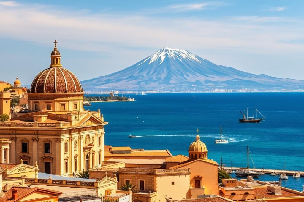 A breathtaking vista of Sicilian landmarks, captured with a wide-angle lens to showcase the island's grandeur. In the foreground, the majestic Duomo di Monreale stands tall, its ornate Byzantine architecture bathed in warm, golden light. The middle ground features the serene, azure waters of the Tyrrhenian Sea, dotted with traditional fishing boats. In the distance, the iconic Mount Etna, Europe's most active volcano, rises majestically, its snow-capped peak contrasting against the azure sky. The scene exudes a sense of timeless elegance, inviting the viewer to imagine strolling through the picturesque streets and soaking in the rich history and culture of this enchanting island. A breathtaking vista of Sicilian landmarks, captured with a wide-angle lens to showcase the island's grandeur. In the foreground, the majestic Duomo di Monreale stands tall, its ornate Byzantine architecture bathed in warm, golden light. The middle ground features the serene, azure waters of the Tyrrhenian Sea, dotted with traditional fishing boats. In the distance, the iconic Mount Etna, Europe's most active volcano, rises majestically, its snow-capped peak contrasting against the azure sky. The scene exudes a sense of timeless elegance, inviting the viewer to imagine strolling through the picturesque streets and soaking in the rich history and culture of this enchanting island.