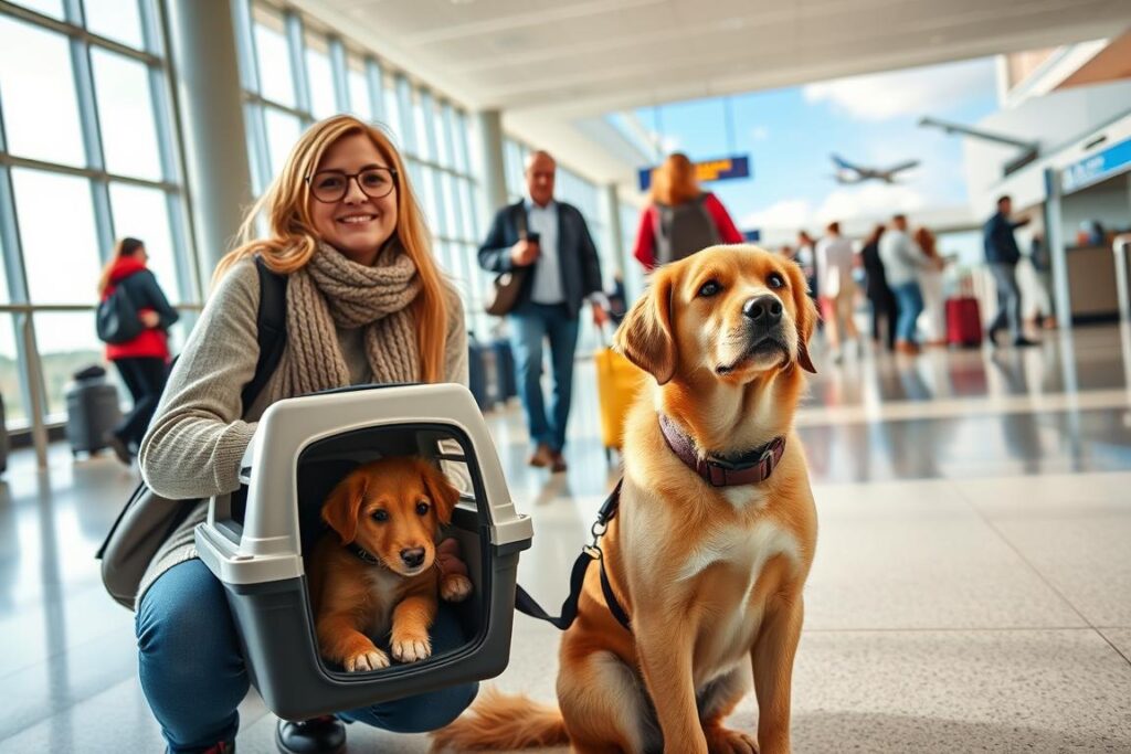 A bright and airy airport terminal, with natural light streaming in through large windows. In the foreground, a well-behaved dog sits patiently next to its owner, both wearing comfortable travel attire. The dog is secured in a stylish, airline-approved pet carrier. In the middle ground, other passengers move efficiently through the check-in counters and security lines, their pets also safely contained. The background showcases the bustling activity of the airport, with planes taking off and landing in the distance, conveying a sense of safe and reliable air travel for both humans and their beloved animal companions. A bright and airy airport terminal, with natural light streaming in through large windows. In the foreground, a well-behaved dog sits patiently next to its owner, both wearing comfortable travel attire. The dog is secured in a stylish, airline-approved pet carrier. In the middle ground, other passengers move efficiently through the check-in counters and security lines, their pets also safely contained. The background showcases the bustling activity of the airport, with planes taking off and landing in the distance, conveying a sense of safe and reliable air travel for both humans and their beloved animal companions.