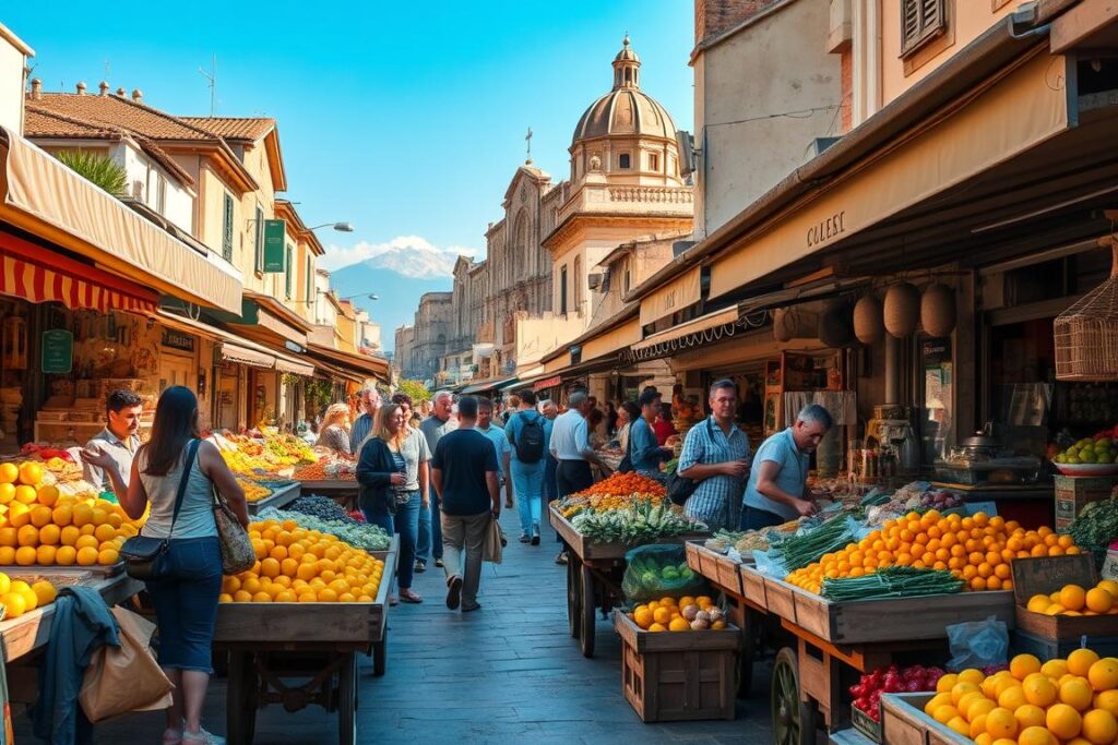 A bustling Sicilian marketplace, sun-dappled stalls brimming with vibrant produce, artisanal cheeses, and fragrant spices. Weathered wooden carts overflow with citrus fruits, their golden rinds glowing. Robust locals in lively conversation gesticulate as they haggle with jovial vendors. The air is thick with the aroma of freshly baked bread and sizzling street food. In the distance, the silhouette of an ancient cathedral rises against a cloudless azure sky. A labyrinth of narrow alleyways wind between the stalls, creating an atmosphere of old-world charm and cultural authenticity. A bustling Sicilian marketplace, sun-dappled stalls brimming with vibrant produce, artisanal cheeses, and fragrant spices. Weathered wooden carts overflow with citrus fruits, their golden rinds glowing. Robust locals in lively conversation gesticulate as they haggle with jovial vendors. The air is thick with the aroma of freshly baked bread and sizzling street food. In the distance, the silhouette of an ancient cathedral rises against a cloudless azure sky. A labyrinth of narrow alleyways wind between the stalls, creating an atmosphere of old-world charm and cultural authenticity.