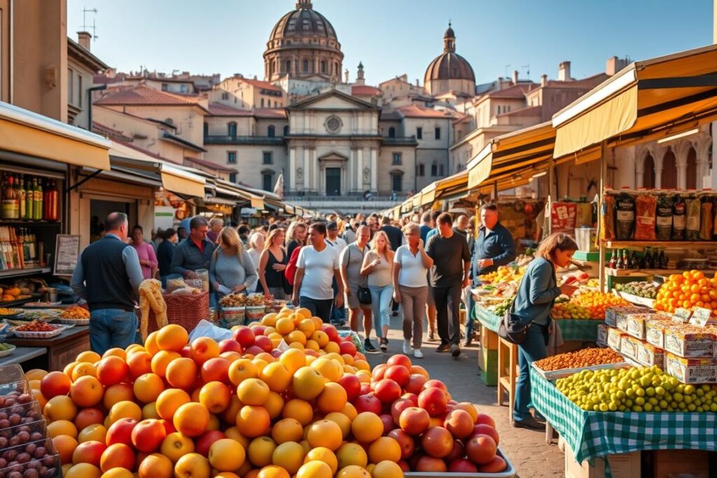 A bustling outdoor market in the heart of Palermo, Italy, with vibrant displays of fresh produce, fragrant spices, and artisanal food stalls. In the foreground, a vendor offers a selection of ripe, juicy fruits, their colors popping against the warm, golden hues of the afternoon sun. In the middle ground, a crowd of locals and visitors meander through the stalls, sampling delicacies and chatting animatedly. In the background, the historic architecture of Palermo's old town serves as a picturesque backdrop, with domed churches and terracotta rooftops. The scene is infused with the lively energy and rich culinary traditions of this vibrant Mediterranean city. A bustling outdoor market in the heart of Palermo, Italy, with vibrant displays of fresh produce, fragrant spices, and artisanal food stalls. In the foreground, a vendor offers a selection of ripe, juicy fruits, their colors popping against the warm, golden hues of the afternoon sun. In the middle ground, a crowd of locals and visitors meander through the stalls, sampling delicacies and chatting animatedly. In the background, the historic architecture of Palermo's old town serves as a picturesque backdrop, with domed churches and terracotta rooftops. The scene is infused with the lively energy and rich culinary traditions of this vibrant Mediterranean city.