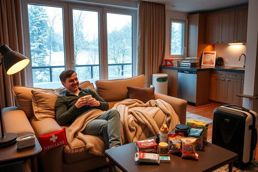 A cozy apartment interior with large windows overlooking a snowy winter landscape outside. In the foreground, a person sits on a plush couch, surrounded by hypoallergenic throw pillows and a soft, pet-friendly blanket. They hold a hot beverage, their face relaxed and content. On a side table, a well-stocked first-aid kit and travel-sized allergy medication stands ready. The middle ground features a sleek, modern kitchenette with a variety of pet-free snacks and meals. In the background, a neatly organized suitcase and backpack hint at a journey to come, while an air purifier hums softly, maintaining the indoor air quality. The scene is bathed in warm, cozy lighting, creating a sense of comfort and safety for the allergy-conscious traveler.