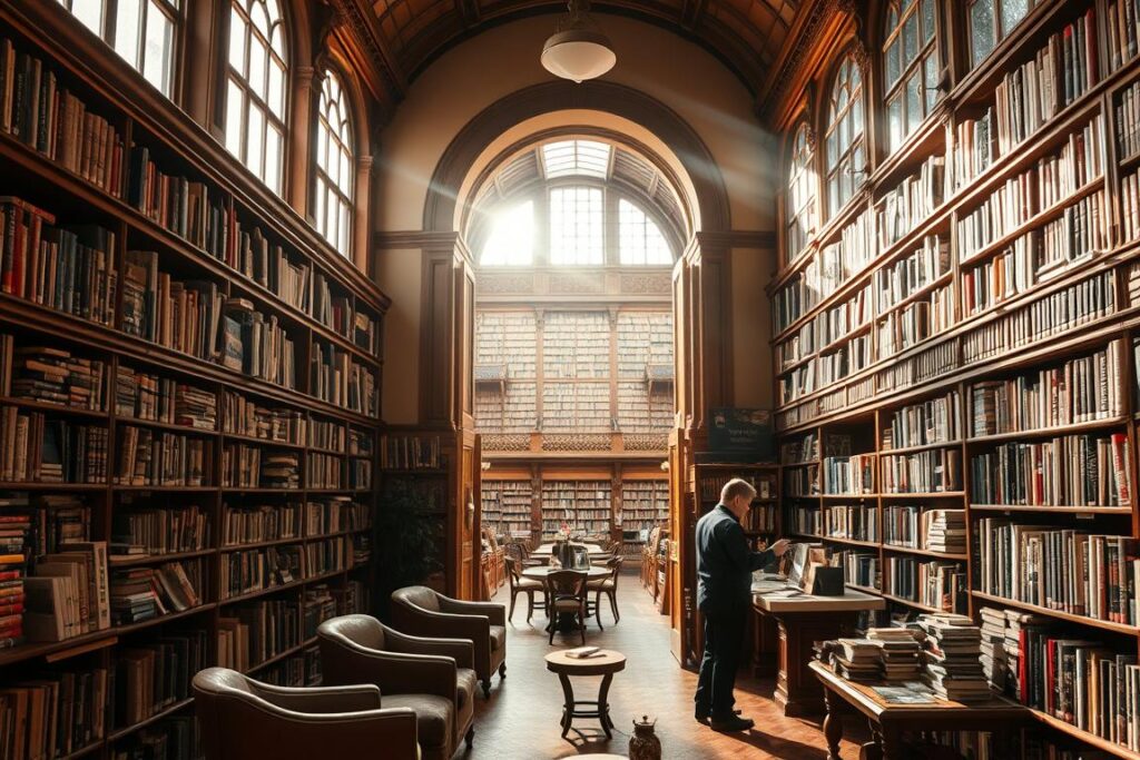 A cozy bookstore interior, sunlight filtering through large windows, casting a warm glow on the rows of bookshelves. Intricate wooden shelves hold a curated collection of books, their spines inviting exploration. Comfortable armchairs and small tables invite visitors to settle in and get lost in the pages. The air is filled with the comforting scent of aged paper and freshly brewed coffee from a corner cafe. A librarian assists a customer, their conversation a soft murmur. Through an arched doorway, a glimpse of a grand, high-ceilinged library, its towering stacks and reading nooks beckoning further discovery. An atmosphere of tranquility and intellectual curiosity pervades the Bücherwelten.