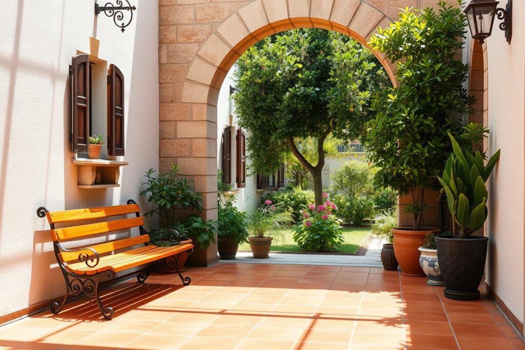 A cozy, sun-drenched courtyard in a traditional Sicilian villa, with terracotta tiles, wrought-iron accents, and lush potted plants. In the foreground, a wooden bench invites solo travelers to rest and soak in the tranquil ambiance. Midground, a stone archway frames a glimpse of the villa's whitewashed exterior, its windows and shutters accented in vibrant Mediterranean hues. In the background, a verdant garden blooms with citrus trees and fragrant flowers, creating a serene oasis away from the bustling streets. Warm, diffused natural lighting bathes the scene, evoking a sense of relaxation and escape.