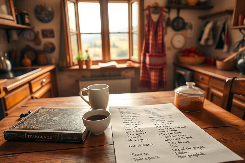 A cozy, well-lit Italian kitchen with warm, soft lighting and a rustic, homey atmosphere. In the foreground, a neatly organized set of handwritten Italian emergency phrases on a wooden table, with a vintage-style Italian dictionary, a cup of espresso, and a few small Italian ingredients like herbs and spices. In the middle ground, a charming Italian grandma-style apron hanging on a rack, and in the background, a window overlooking a picturesque Italian countryside landscape, with rolling hills and a distant village. The overall mood is one of comfort, preparation, and the warmth of Italian culture. A cozy, well-lit Italian kitchen with warm, soft lighting and a rustic, homey atmosphere. In the foreground, a neatly organized set of handwritten Italian emergency phrases on a wooden table, with a vintage-style Italian dictionary, a cup of espresso, and a few small Italian ingredients like herbs and spices. In the middle ground, a charming Italian grandma-style apron hanging on a rack, and in the background, a window overlooking a picturesque Italian countryside landscape, with rolling hills and a distant village. The overall mood is one of comfort, preparation, and the warmth of Italian culture.