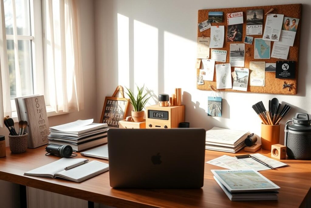 A cozy, well-organized home office, with a laptop, planner, maps, and travel essentials neatly arranged on a wooden desk. Soft, diffused natural light streams in through a nearby window, creating a warm, inviting atmosphere. In the background, a corkboard displays various travel tickets, itineraries, and inspirational postcards, hinting at an upcoming adventure. The overall scene conveys a sense of preparedness, attention to detail, and a touch of wanderlust, perfectly capturing the essence of "Vorbereitung ist alles: So beugst du Autopannen vor".