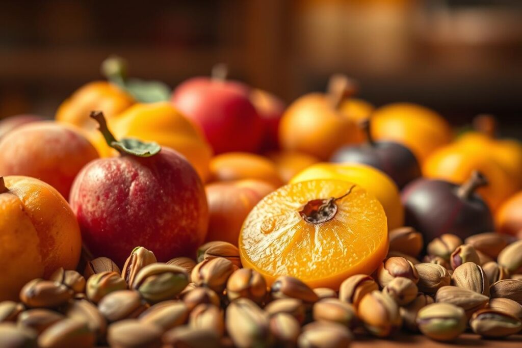 A delicate arrangement of marzipan fruits, meticulously crafted with precision and attention to detail. The foreground showcases an assortment of realistic-looking marzipan peaches, plums, and apricots, their vibrant colors and natural textures capturing the essence of the island's sweet delicacies. The middle ground features a scattering of freshly roasted and salted pistachios, their verdant hues providing a striking contrast to the golden-hued marzipan. The background is softly blurred, creating a sense of depth and focus on the artisanal confections. Warm, golden lighting bathes the scene, evoking the cozy, inviting atmosphere of a traditional Sicilian confectionary. The overall composition exudes a sense of craftsmanship, celebrating the island's rich culinary heritage and the enduring appeal of almond-based specialties. A delicate arrangement of marzipan fruits, meticulously crafted with precision and attention to detail. The foreground showcases an assortment of realistic-looking marzipan peaches, plums, and apricots, their vibrant colors and natural textures capturing the essence of the island's sweet delicacies. The middle ground features a scattering of freshly roasted and salted pistachios, their verdant hues providing a striking contrast to the golden-hued marzipan. The background is softly blurred, creating a sense of depth and focus on the artisanal confections. Warm, golden lighting bathes the scene, evoking the cozy, inviting atmosphere of a traditional Sicilian confectionary. The overall composition exudes a sense of craftsmanship, celebrating the island's rich culinary heritage and the enduring appeal of almond-based specialties.