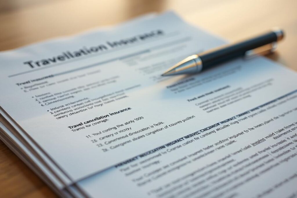 A detailed close-up view of a travel cancellation insurance contract, featuring a stack of documents with a pen resting atop. The lighting is soft and warm, creating a professional yet approachable atmosphere. The contract pages are crisp and legible, with clear headings and sections outlining the key details of the insurance policy. The focus is sharp, drawing the viewer's attention to the important information regarding the costs and coverage of the travel cancellation insurance. The overall composition conveys a sense of importance and attention to detail, reflecting the significance of understanding the financial implications of travel disruptions.