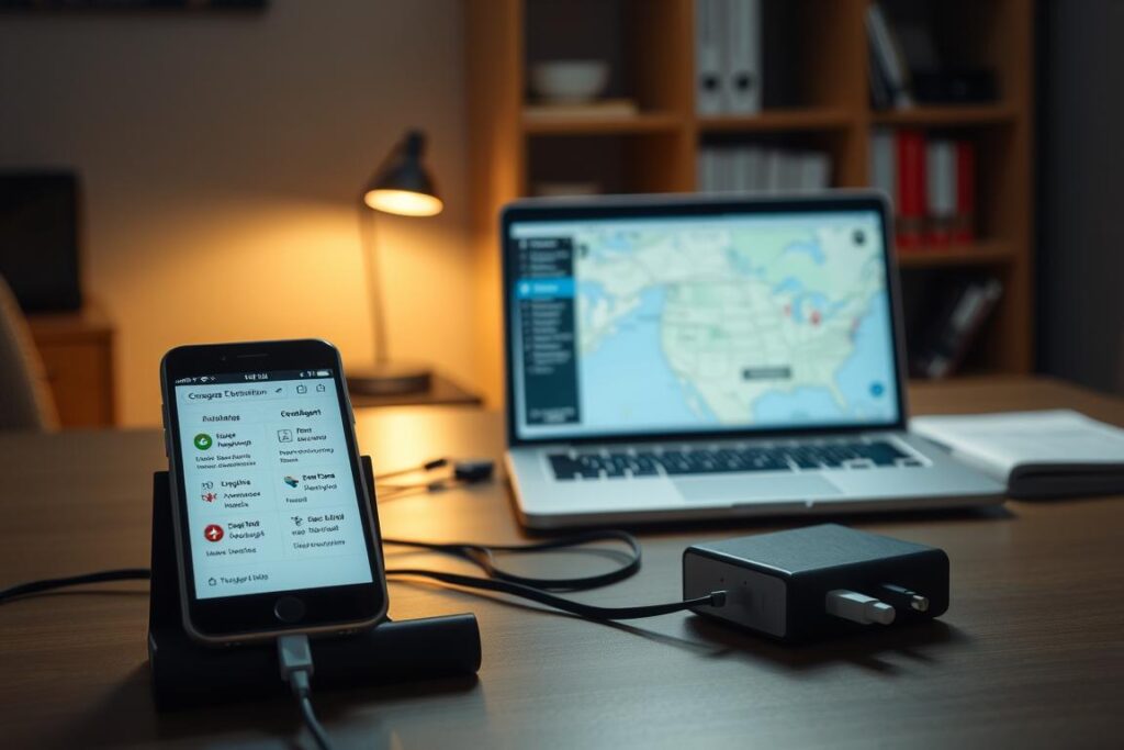 A dimly lit office scene showcasing the technical preparation for emergency communication. In the foreground, a smartphone is displayed, its screen illuminated with a language translation app. On the desk, a power bank and charging cables are neatly arranged, ensuring devices remain powered. In the middle ground, a laptop displays a map application, pinpointing nearby hospitals and emergency services. The background features a bookshelf with reference manuals and emergency planning documents. Soft, warm lighting creates a sense of readiness and reliability, while the overall composition conveys a well-organized and technologically equipped environment, ready to overcome language barriers in times of crisis. A dimly lit office scene showcasing the technical preparation for emergency communication. In the foreground, a smartphone is displayed, its screen illuminated with a language translation app. On the desk, a power bank and charging cables are neatly arranged, ensuring devices remain powered. In the middle ground, a laptop displays a map application, pinpointing nearby hospitals and emergency services. The background features a bookshelf with reference manuals and emergency planning documents. Soft, warm lighting creates a sense of readiness and reliability, while the overall composition conveys a well-organized and technologically equipped environment, ready to overcome language barriers in times of crisis.