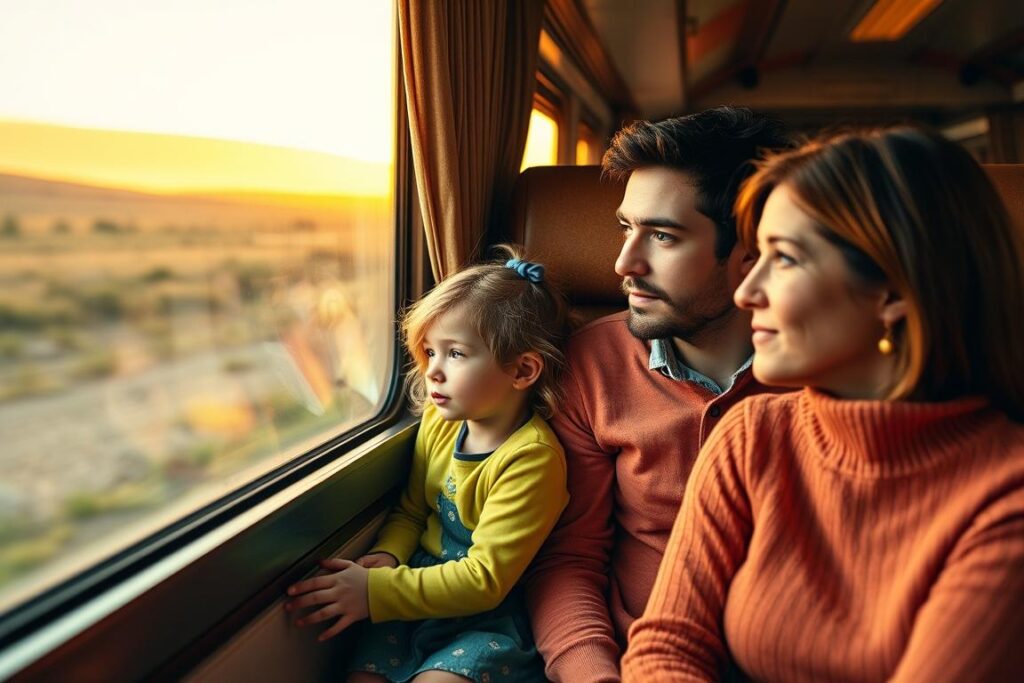A family of four - two young children, a mother and a father - embarking on a journey, their expressions a mix of excitement and trepidation. The children, dressed in bright, playful outfits, gaze out the window of a cozy, well-appointed train car, their faces lit by the warm, golden glow of the passing countryside. The parents, seated nearby, share a moment of quiet contemplation, aware of the unique challenges and joys of traveling with little ones. The scene is captured with a soft, cinematic focus, conveying the bittersweet emotions of a family adventure, the sense of exploration and discovery tempered by the need for patience and adaptability. A family of four - two young children, a mother and a father - embarking on a journey, their expressions a mix of excitement and trepidation. The children, dressed in bright, playful outfits, gaze out the window of a cozy, well-appointed train car, their faces lit by the warm, golden glow of the passing countryside. The parents, seated nearby, share a moment of quiet contemplation, aware of the unique challenges and joys of traveling with little ones. The scene is captured with a soft, cinematic focus, conveying the bittersweet emotions of a family adventure, the sense of exploration and discovery tempered by the need for patience and adaptability.