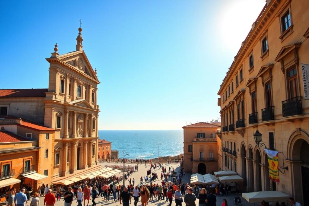 A grand cathedral stands tall in the heart of Ortygia, the historic center of Syracuse, Sicily. The Domplatz, or Cathedral Square, is bathed in warm Mediterranean light, casting a golden glow over the impressive Baroque facade. Ornate columns and intricate carvings adorn the cathedral's exterior, hinting at the grandeur within. In the foreground, a bustling piazza is filled with locals and tourists milling about, capturing the vibrant pulse of this ancient city. The square is flanked by charming historic buildings, their terracotta roofs and weathered walls adding to the timeless ambiance. In the distance, the sparkling waters of the Ionian Sea shimmer, a reminder of Sicily's coastal setting. This picturesque scene captures the essence of Ortygia, the heart of Syracuse, and its rich cultural heritage.