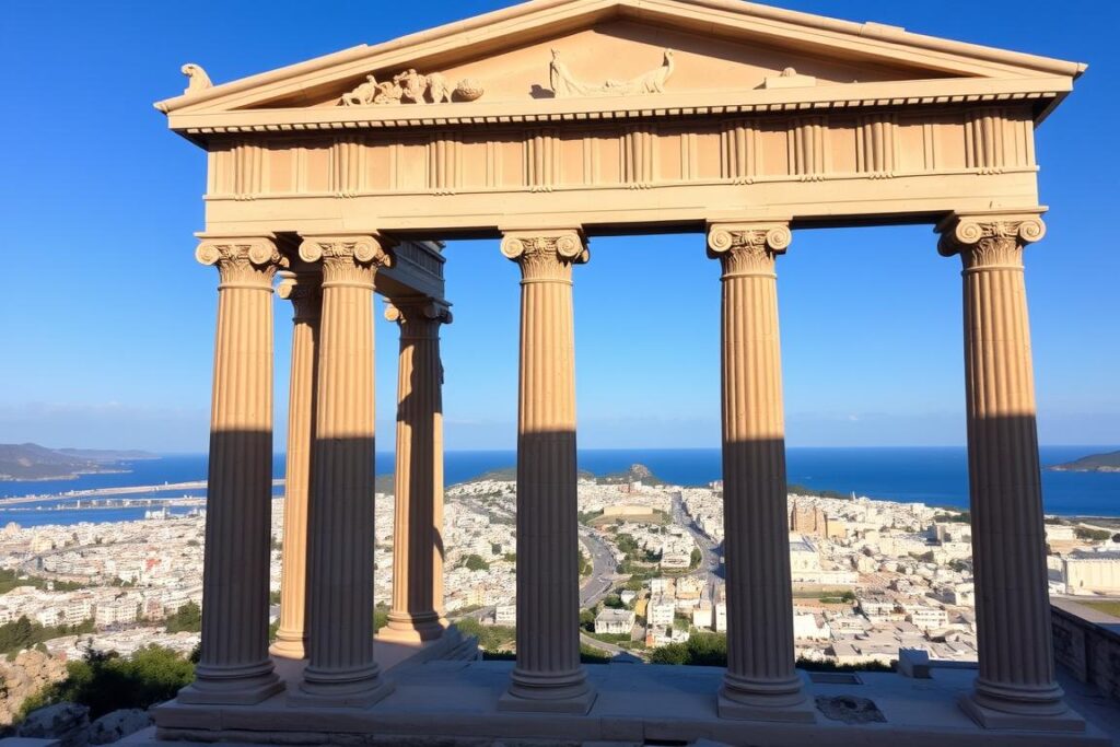 A grand, ornate Greek temple set against a clear blue sky, its columns and pediment casting dramatic shadows. In the foreground, intricate details of the temple's decorative elements - carved figures, fluted columns, and geometric patterns - come into focus. The middle ground features a sprawling ancient city, its white marble buildings and winding streets suggesting a rich cultural legacy. In the distance, rolling hills and a tranquil sea horizon complete the picturesque scene, evoking the timeless beauty of classical Hellenic architecture.