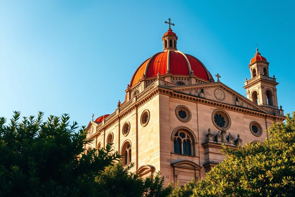 A majestic cathedral with a striking Saracen-Norman architectural style, the San Cataldo Kirche stands tall in the heart of Palermo, Sicily. Its striking red-domed roof and ornate arched windows create a captivating silhouette against the azure sky. The intricate stone carvings and mosaics on the façade blend Islamic and Romanesque influences, reflecting the region's rich cultural heritage. Warm, golden sunlight casts a soft glow across the weathered limestone, casting dramatic shadows that accentuate the building's intricate details. In the foreground, lush, verdant foliage frames the cathedral, adding a sense of timeless serenity. The overall scene conveys the grandeur and harmony of Sicily's iconic arabisch normannischen Baukunst. A majestic cathedral with a striking Saracen-Norman architectural style, the San Cataldo Kirche stands tall in the heart of Palermo, Sicily. Its striking red-domed roof and ornate arched windows create a captivating silhouette against the azure sky. The intricate stone carvings and mosaics on the façade blend Islamic and Romanesque influences, reflecting the region's rich cultural heritage. Warm, golden sunlight casts a soft glow across the weathered limestone, casting dramatic shadows that accentuate the building's intricate details. In the foreground, lush, verdant foliage frames the cathedral, adding a sense of timeless serenity. The overall scene conveys the grandeur and harmony of Sicily's iconic arabisch normannischen Baukunst.