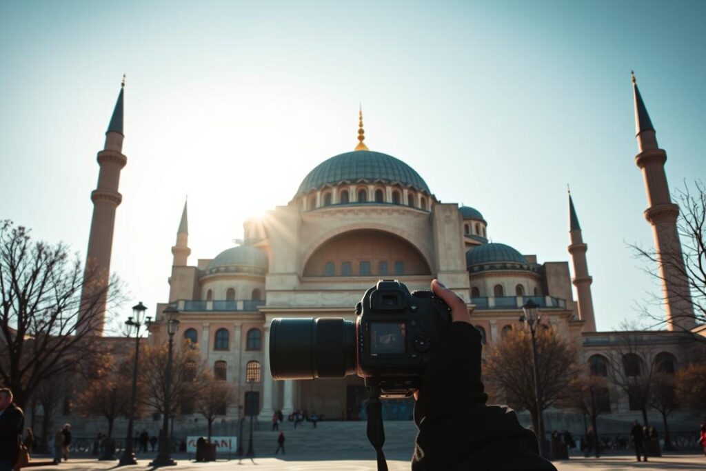 A majestic view of the Hagia Sophia, a grand architectural wonder in Istanbul. The sun casts a warm glow across the iconic domed structure, its intricate Byzantine details gleaming. In the foreground, a skilled photographer stands with a high-end DSLR camera, capturing the scene through a wide-angle lens to showcase the building's magnificent scale. The image exudes a sense of reverence and awe, inviting the viewer to appreciate the timeless beauty and historical significance of this remarkable monument. A majestic view of the Hagia Sophia, a grand architectural wonder in Istanbul. The sun casts a warm glow across the iconic domed structure, its intricate Byzantine details gleaming. In the foreground, a skilled photographer stands with a high-end DSLR camera, capturing the scene through a wide-angle lens to showcase the building's magnificent scale. The image exudes a sense of reverence and awe, inviting the viewer to appreciate the timeless beauty and historical significance of this remarkable monument.