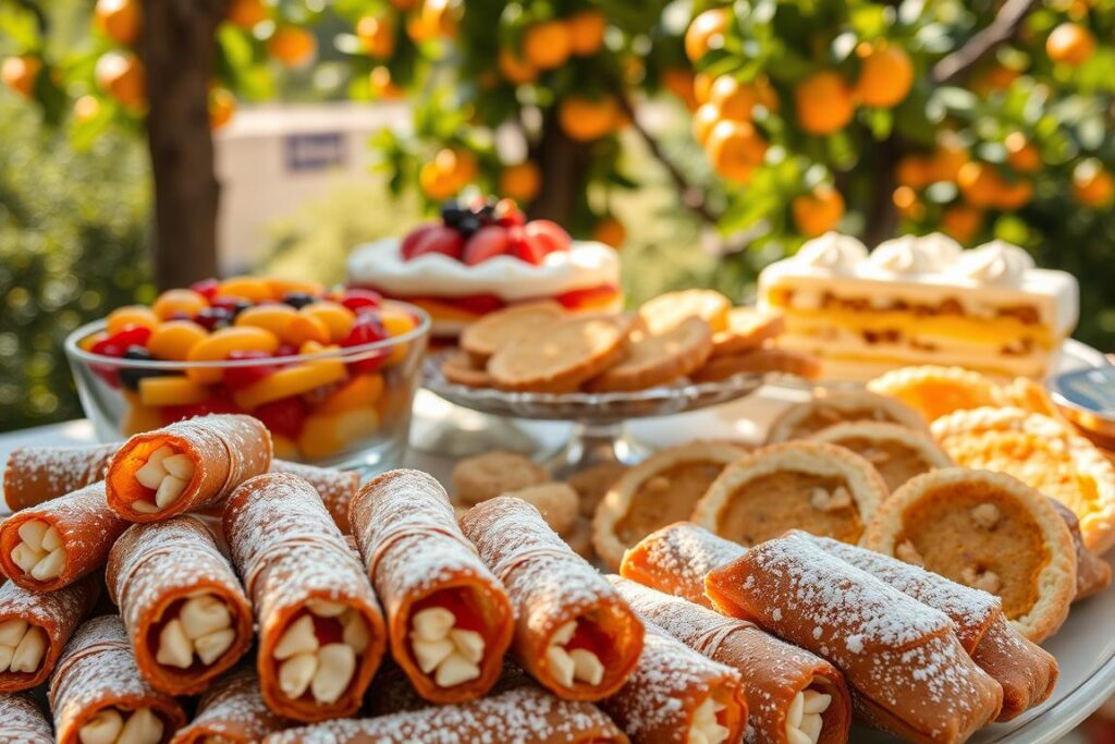 A mouthwatering display of traditional Sicilian desserts, captured in a warm, inviting light. In the foreground, a platter overflows with cannoli - flaky pastry shells filled with creamy ricotta and dusted with powdered sugar. Nearby, a glass dish showcases the vibrant colors of cassata, a sponge cake layered with sweetened ricotta, candied fruit, and a glossy glaze. In the middle ground, tiny golden sfogliatelle pastries, their intricate flaky layers concealing a rich, custard-like filling, nestle alongside slices of moist, almond-studded torta di mandorle. A backdrop of lush, sun-dappled citrus groves and a warm Mediterranean glow sets the scene, evoking the flavors and aromas of a Sicilian summer.