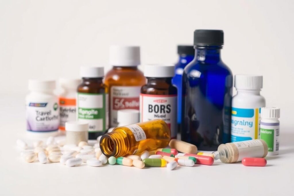 A neatly arranged assortment of various medications, including pills, capsules, and bottles, against a clean, white background. The lighting is soft and diffuse, creating a sense of calmness and clarity. The items are carefully positioned to suggest a sense of organization and professionalism, conveying the idea of a well-curated set of remedies for travel sickness. The overall mood is one of reassurance and confidence, hinting at the effectiveness of these treatments in providing relief during long journeys.