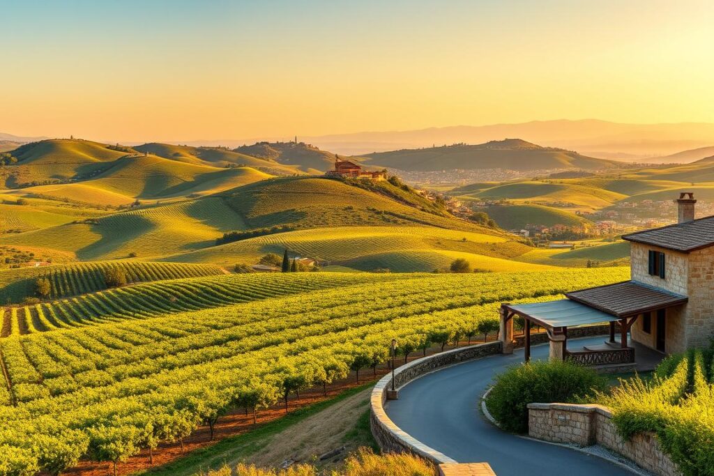 A panoramic landscape of Sicily's diverse wine regions, captured under a golden afternoon sun. The rolling hills are dotted with verdant vineyards, their rows of trellised vines stretching out as far as the eye can see. In the distance, ancient hilltop towns and medieval castles peek out, their terracotta roofs and weathered stonework a testament to the region's storied past. Closer to the foreground, a winding country road leads past rustic stone farmhouses, their shaded porticos offering respite from the warm Mediterranean breeze. The scene exudes a sense of timeless tradition, where the rhythm of the seasons and the care of the vintners have shaped the unique character of Sicilian wines for generations.