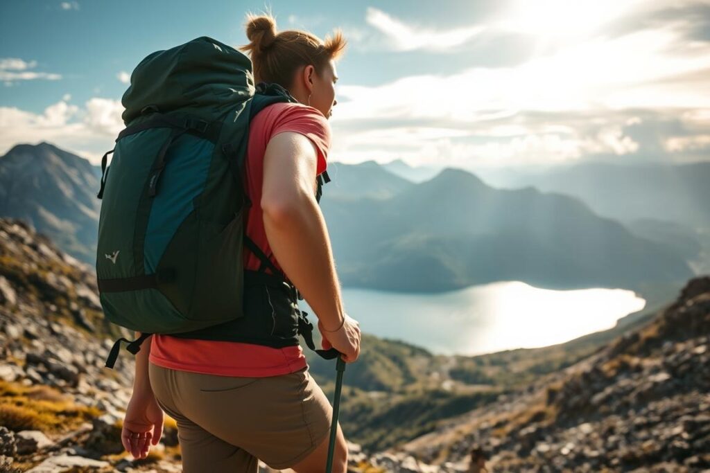 A person hiking through a scenic mountain landscape, their backpack hydration system visibly quenching their thirst. Sunlight filters through wispy clouds, illuminating the rugged terrain. The hiker's stride is purposeful, reflecting their active and engaged approach to the journey. In the background, a picturesque alpine lake shimmers, complementing the healthy, vibrant aesthetic. The composition captures the essence of staying active and hydrated while traveling, a harmonious balance between person and environment.