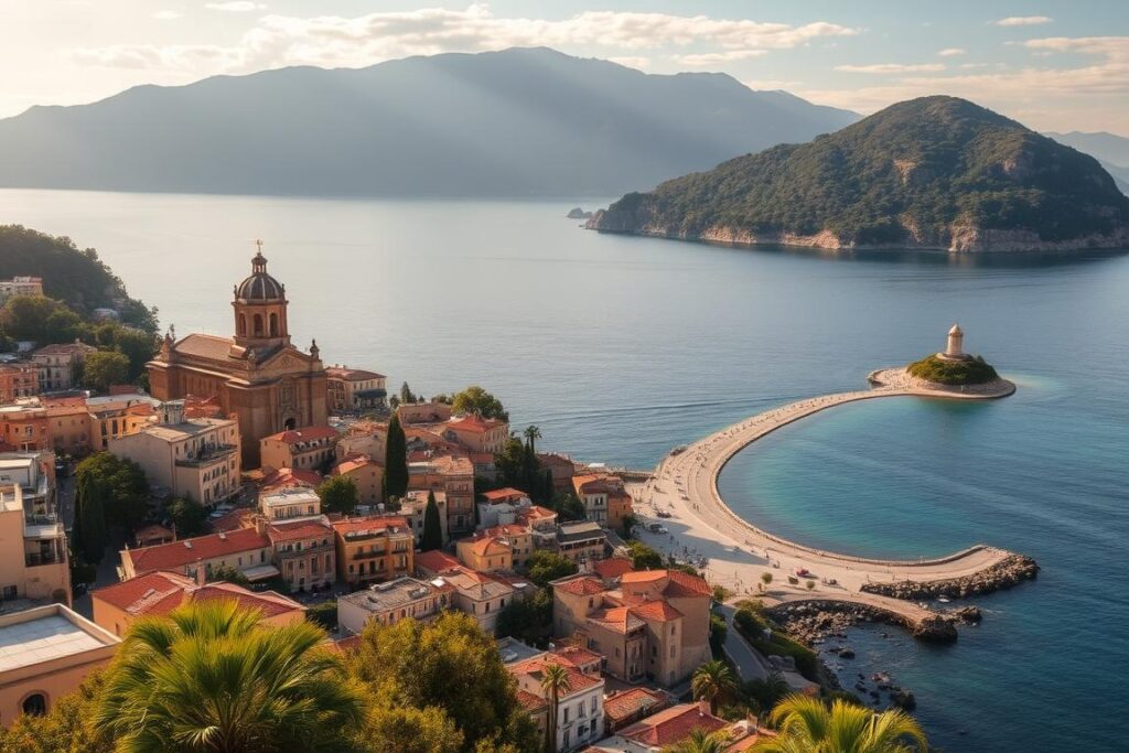 A picturesque coastal town nestled along the rugged Sicilian shores, Taormina offers a range of scenic travel routes for the discerning adventurer. Set against the dramatic backdrop of Mount Etna, capture the town's winding streets, ancient Greek and Roman ruins, and breathtaking vistas of the Ionian Sea. Stroll along the Corso Umberto, a bustling promenade lined with charming cafes and boutiques, then ascend the historic Piazza del Duomo, where the iconic Duomo di Taormina cathedral stands tall. Bask in the warm Mediterranean sun as you gaze out over the azure waters from the Isola Bella, a picturesque natural island connected to the mainland by a narrow causeway. With a soft, golden hour lighting and a cinematic, wide-angle lens, convey the timeless allure and tranquil ambiance of this Sicilian gem.