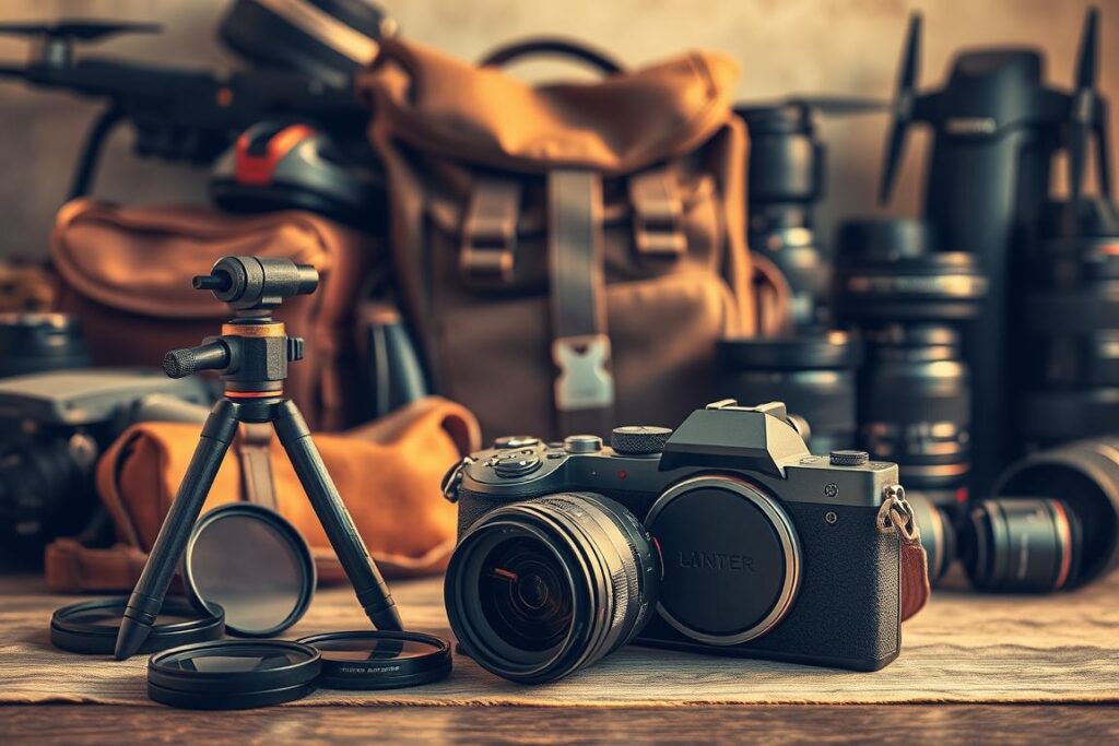 A picturesque still life capturing the essential camera gear for a photography-focused trip to Sicily. In the foreground, a sleek mirrorless camera with a wide-angle lens stands proudly, accompanied by a collection of neutral density filters, polarizers, and a compact tripod. In the middle ground, an aged leather camera bag rests, its worn texture hinting at countless adventures. The background features an array of travel-friendly accessories - a sturdy, weatherproof backpack, a professional-grade drone, and a set of high-quality lenses in various focal lengths. Warm, golden lighting illuminates the scene, evoking the sun-drenched landscapes of the Italian island. The overall composition conveys a sense of preparedness and excitement for the photographic journey ahead.