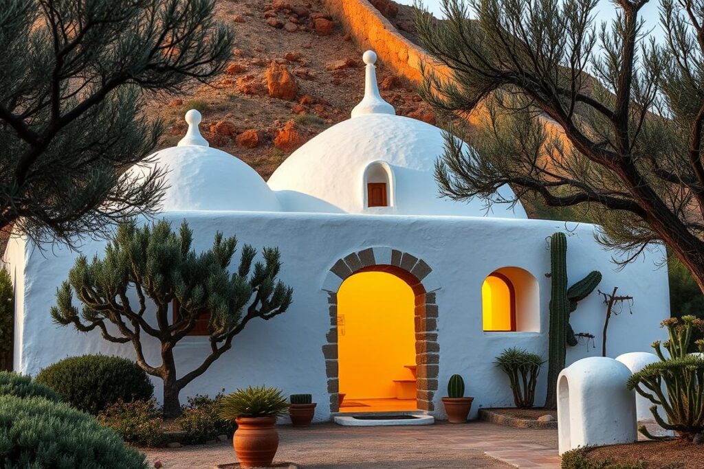 A picturesque traditional Dammuso on the serene island of Pantelleria, nestled against a rugged, ochre-hued hillside. The distinctive white-washed domed structure, with its thick stone walls and intricate arched entryways, blends seamlessly with the surrounding natural landscape. Soft, golden light filters through the narrow windows, casting warm shadows across the simple, yet elegant interior. Lush, fragrant vegetation - olive trees, cacti, and vines - frame the scene, evoking the tranquil, timeless essence of this Mediterranean paradise. A sense of history and authentic local charm permeates the image, inviting the viewer to step inside and experience the traditional Dammuso lifestyle.