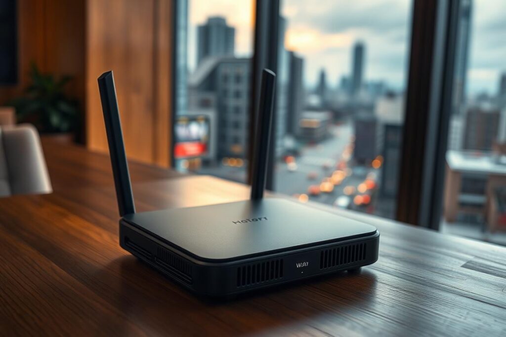 A portable WLAN router with a sleek, modern design sits atop a wooden table, its compact form casting a soft shadow. The device is illuminated by warm, directional lighting, highlighting its clean lines and matte black finish. In the background, a blurred cityscape of high-rise buildings and bustling streets can be seen through a large window, conveying a sense of mobility and connectivity. The overall atmosphere is one of practicality and functionality, reflecting the versatility of this mobile WLAN solution.