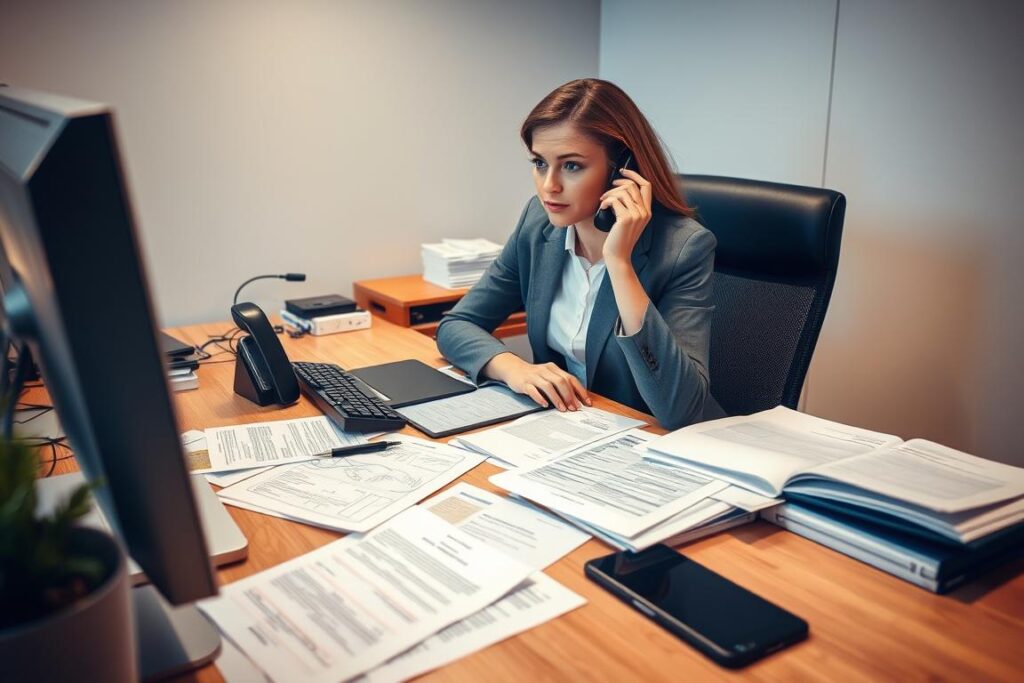 A professional business person sitting at a desk, computer and phone in front of them, surrounded by various documents and forms related to flight compensation and claims. The lighting is soft and warm, with a calm, focused atmosphere. The scene is captured from a slightly elevated angle, emphasizing the task at hand. The desk is organized, with a sense of efficiency and attention to detail, reflecting the diligence required to navigate the process of claiming delayed or cancelled flights.