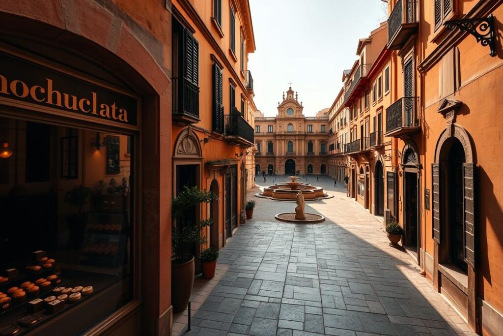 A quaint Sicilian street in the historic town of Modica, bathed in warm, golden sunlight. In the foreground, a charming shop displays tempting chocolate confections in its window, the signature Modica chocolate. The mid-ground reveals the stunning Baroque architecture of the surrounding buildings, with ornate facades and intricate details. In the background, a picturesque square with a central fountain creates a serene and inviting atmosphere. The scene conveys the perfect blend of Modica's rich chocolate heritage and its breathtaking Baroque splendor, drawing the viewer into the heart of this enchanting Sicilian town. A quaint Sicilian street in the historic town of Modica, bathed in warm, golden sunlight. In the foreground, a charming shop displays tempting chocolate confections in its window, the signature Modica chocolate. The mid-ground reveals the stunning Baroque architecture of the surrounding buildings, with ornate facades and intricate details. In the background, a picturesque square with a central fountain creates a serene and inviting atmosphere. The scene conveys the perfect blend of Modica's rich chocolate heritage and its breathtaking Baroque splendor, drawing the viewer into the heart of this enchanting Sicilian town.