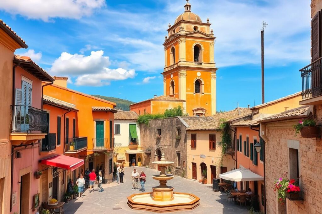 A quaint Sicilian town nestled in rolling hills, its charming narrow streets and colorful buildings bathed in warm Mediterranean sunlight. Terracotta rooftops and wrought-iron balconies line the picturesque piazza, where locals gather around a historic fountain. In the distance, a grand cathedral bell tower rises, its ochre facade glowing against a cloudless azure sky. Potted plants and flower boxes cascade from weathered stone walls, adding vibrant splashes of color. An intimate, unhurried atmosphere pervades, inviting the visitor to explore this authentic, off-the-beaten-path Sicilian gem.