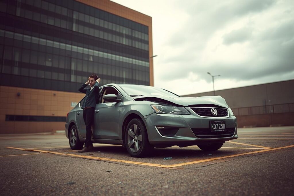 A rental car in a parking lot, partially obscured by a large, looming building. The car is battered and dented, with glass shards scattered around it. The sky is overcast, casting a somber, gloomy atmosphere. A person stands beside the car, hands on their head, expression of distress and concern. Warm, muted colors dominate the scene, with subtle shadows and highlights adding depth and texture. The composition emphasizes the isolated, vulnerable position of the individual, surrounded by the aftermath of an accident or incident. The image conveys a sense of the challenges and stress that can arise when dealing with rental car issues abroad. A rental car in a parking lot, partially obscured by a large, looming building. The car is battered and dented, with glass shards scattered around it. The sky is overcast, casting a somber, gloomy atmosphere. A person stands beside the car, hands on their head, expression of distress and concern. Warm, muted colors dominate the scene, with subtle shadows and highlights adding depth and texture. The composition emphasizes the isolated, vulnerable position of the individual, surrounded by the aftermath of an accident or incident. The image conveys a sense of the challenges and stress that can arise when dealing with rental car issues abroad.