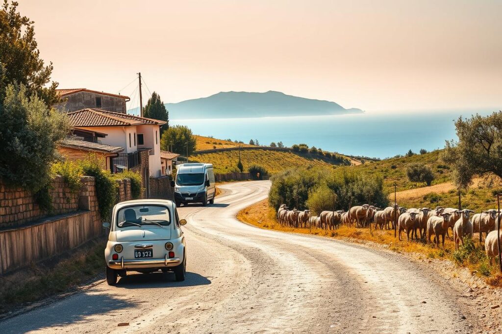 A rural Sicilian road winds through rolling hills, dotted with olive trees and vineyards. The sunlight casts a warm, golden glow, highlighting the weathered stone walls and terracotta roofs of the quaint villages that line the route. In the foreground, a vintage Fiat 500 navigates the narrow, winding lanes, its driver carefully maneuvering around potholes and loose gravel. The middle ground reveals larger vehicles, including a delivery van and a shepherd's flock of sheep, all sharing the road with caution and patience. In the distance, the majestic silhouettes of Mount Etna and the Tyrrhenian Sea frame the scene, creating a picturesque and quintessentially Sicilian landscape.