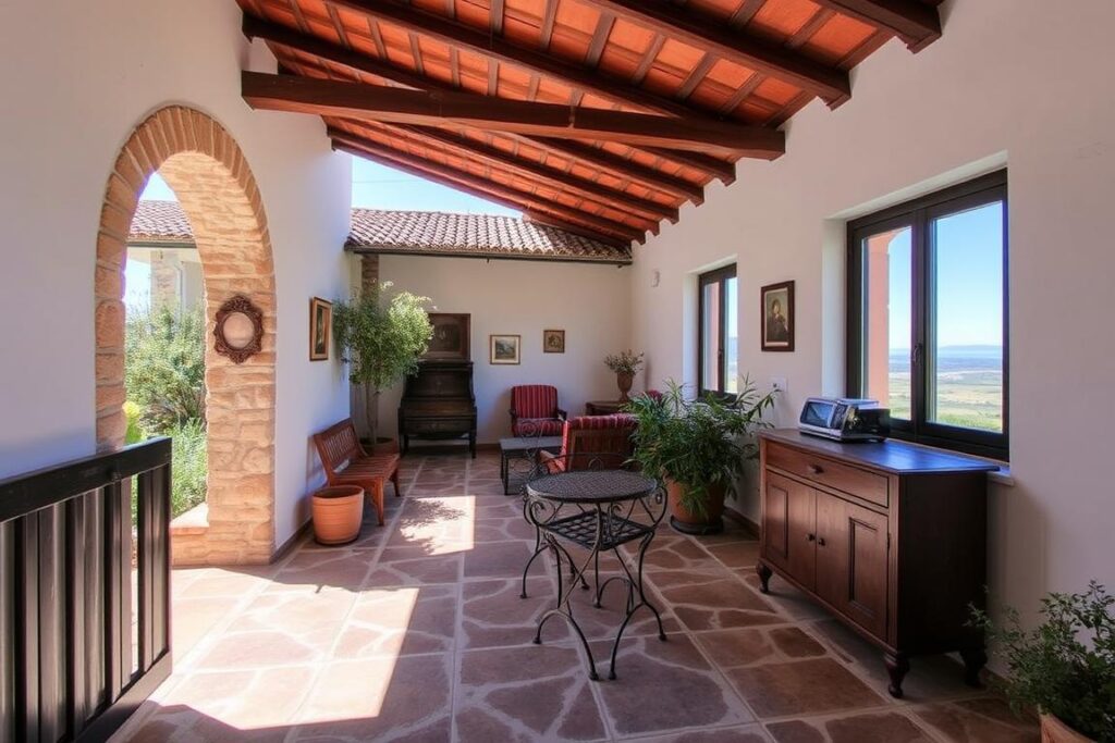 A secure and tranquil vacation rental in the heart of historic Sicilian countryside. The villa stands amidst lush olive groves, its terracotta-tiled roof and whitewashed walls bathed in warm Mediterranean sunlight. A gated stone entryway leads to a cozy courtyard, where a wrought-iron table and chairs invite guests to relax. The interior features rustic beamed ceilings, richly hued textiles, and antique furnishings that evoke the island's heritage. Large windows frame panoramic views of rolling hills and the distant azure sea. This idyllic retreat promises a safe, comfortable haven for travelers seeking an authentic Sicilian escape.