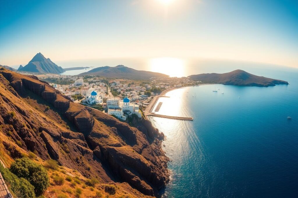 A serene panoramic view of the picturesque Aeolian Islands, a volcanic archipelago off the northern coast of Sicily. Capture the rugged beauty of Stromboli's dramatic cliffs, the whitewashed houses and vibrant blue domes of Panarea, and the lush, lush greenery of Salina. Depict the tranquil azure waters of the Tyrrhenian Sea, reflecting the golden glow of the Mediterranean sun. Showcase the charming fishing villages, bustling marinas, and winding, cobblestone streets that embody the relaxed island lifestyle. Convey a sense of timeless serenity and the allure of this unique Italian destination.