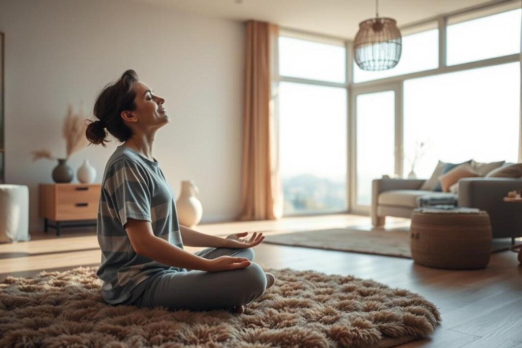A serene, softly-lit interior scene depicting a person practicing calming breathing techniques. In the foreground, a person sits cross-legged on a plush, earth-toned rug, their eyes closed and expression peaceful as they inhale and exhale deeply. The middle ground features a large, open window overlooking a tranquil landscape, with soft natural light filtering in. The background is a minimalist, cozy living space with neutral-colored furnishings and decor, creating a soothing, relaxing atmosphere. The overall mood is one of tranquility and mindfulness, reflecting the effectiveness of the breathing techniques in alleviating flight anxiety.