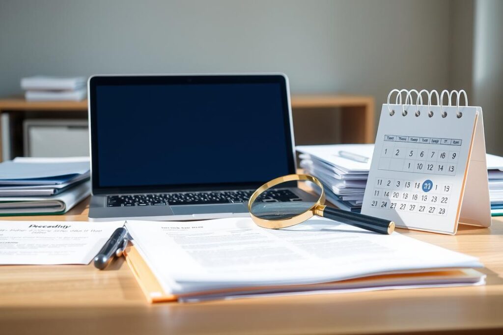 A spacious, well-organized desk with a laptop, various documents, a magnifying glass, and a calendar prominently displayed. The lighting is bright and natural, conveying a sense of importance and attention to detail. The documents and folders are neatly arranged, hinting at the need for organization and timely attention to deadlines. The magnifying glass suggests a closer inspection of the details, while the calendar serves as a visual reminder of the pressing deadlines. The overall mood is one of professionalism, efficiency, and a focus on important matters that require careful consideration.