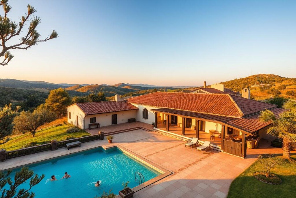 A sprawling villa nestled in the rolling hills of Sicilian countryside, its terracotta-tiled roof and sun-kissed facade exuding rustic charm. Lush olive groves and fragrant citrus orchards surround the property, creating a private oasis for families to unwind. The inviting entryway leads to spacious, airy rooms with high ceilings and traditional furnishings, blending modern comforts with timeless Sicilian style. A terrace overlooks a sparkling pool, where children splash and play, while parents sip local wine and savor the serene Mediterranean breeze. Warm, soft lighting casts a golden glow, evoking the island's tranquil, unhurried pace of life. This is the quintessential Sicilian family retreat, a sanctuary to create lasting memories.