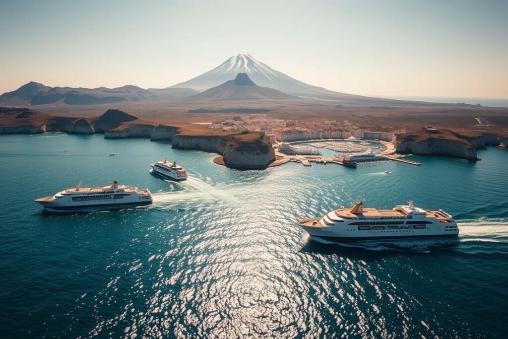A stunning aerial view of ferry routes and connections to Sicily, captured with a wide-angle lens. In the foreground, a fleet of modern passenger ferries glides across the glistening azure waters of the Mediterranean, their sleek silhouettes cutting through the waves. The middle ground showcases the rugged coastline of Sicily, its iconic cliffs and picturesque harbors inviting exploration. In the background, the majestic Mount Etna, its snow-capped peak rising majestically, provides a dramatic backdrop to the scene. The lighting is soft and warm, casting a golden glow over the entire composition, evoking a sense of tranquility and adventure. The overall mood is one of anticipation and discovery, capturing the essence of the ferry journey to this enchanting Italian island.