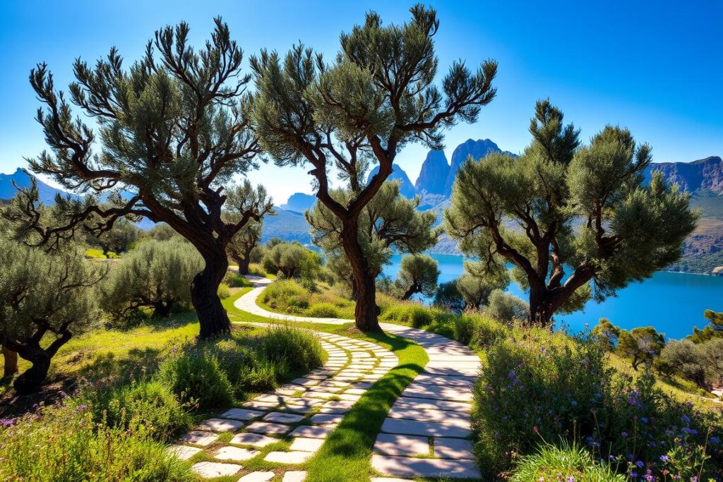 A sun-dappled mountain path winds through a lush, verdant landscape on the island of Sicily. Towering olive trees cast gentle shadows across the stone-paved trail, while fragrant wildflowers border the way. In the distance, rugged limestone peaks pierce the azure sky, their silhouettes mirrored in a nearby azure lake. A gentle breeze rustles the leaves, creating a soothing symphony of natural sounds. The overall scene exudes a sense of tranquility and discovery, beckoning the viewer to explore this lesser-known corner of the Mediterranean paradise. A sun-dappled mountain path winds through a lush, verdant landscape on the island of Sicily. Towering olive trees cast gentle shadows across the stone-paved trail, while fragrant wildflowers border the way. In the distance, rugged limestone peaks pierce the azure sky, their silhouettes mirrored in a nearby azure lake. A gentle breeze rustles the leaves, creating a soothing symphony of natural sounds. The overall scene exudes a sense of tranquility and discovery, beckoning the viewer to explore this lesser-known corner of the Mediterranean paradise.