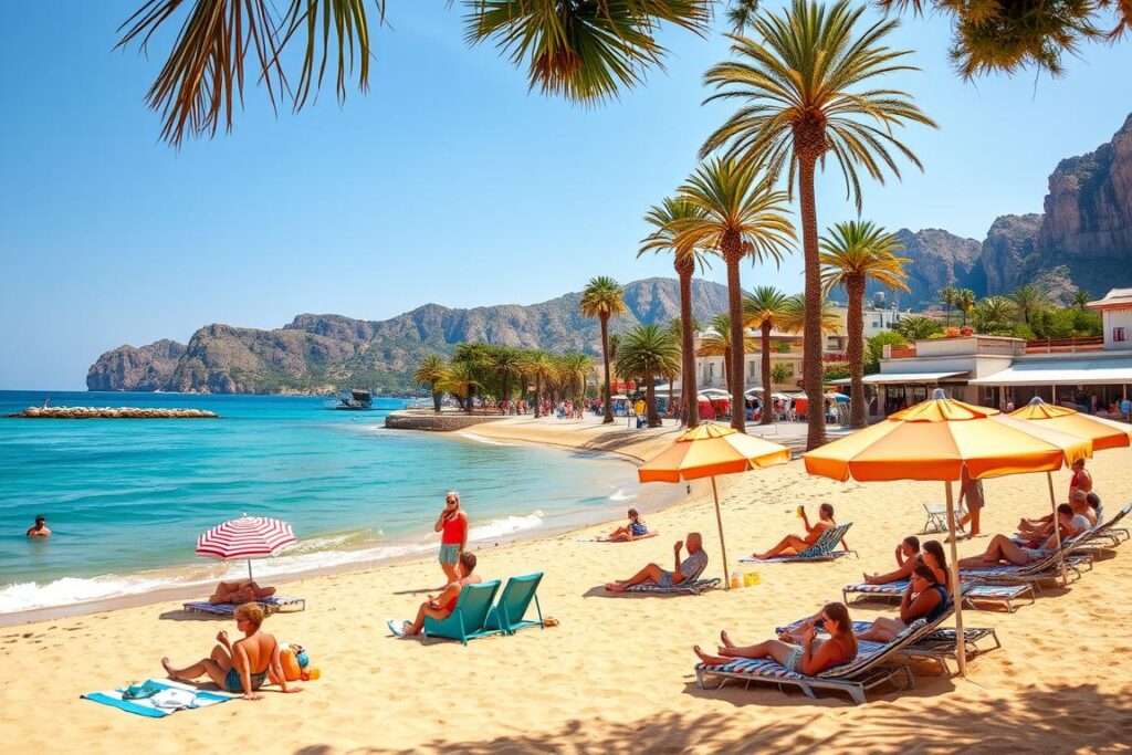 A sun-drenched Sicilian beach, with golden sand and crystal-clear turquoise waters lapping against the shore. In the foreground, beachgoers relax on colorful towels, sipping chilled beverages and soaking up the Mediterranean warmth. Further out, a row of vibrant umbrellas dotting the landscape, providing welcome shade. Towering palms sway gently in the soft breeze, casting dappled shadows across the scene. The middle ground features a picturesque seaside promenade, lined with charming cafes and boutiques, inviting visitors to explore the local culture. In the distance, the dramatic silhouettes of rugged cliffs rise up, creating a stunning natural backdrop to this idyllic Sicilian getaway.