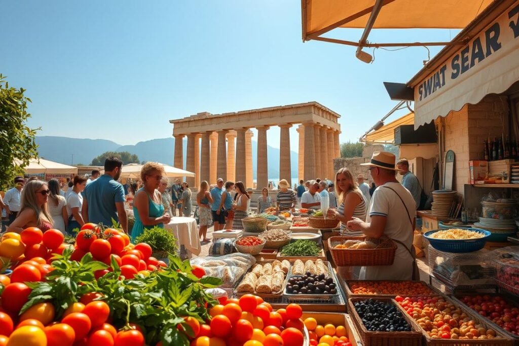 A sun-drenched Sicilian marketplace, bustling with local vendors showcasing their bountiful harvest. In the foreground, an array of vibrant produce - sun-ripened tomatoes, fragrant herbs, and glistening citrus fruits. Weaving through the stalls, locals and visitors alike savor the aromas of freshly baked bread and sizzling seafood. In the middle ground, a group of friends gather around a table, sharing a feast of regional specialties - steaming pasta, juicy olives, and a glass of crisp, local wine. The background is framed by the towering columns of an ancient Greek temple, a reminder of the rich history and cultural heritage that infuses the culinary delights of this enchanting Sicilian landscape. The scene is bathed in warm, golden light, capturing the essence of the island's rustic charm and the joy of discovering its gastronomic treasures.