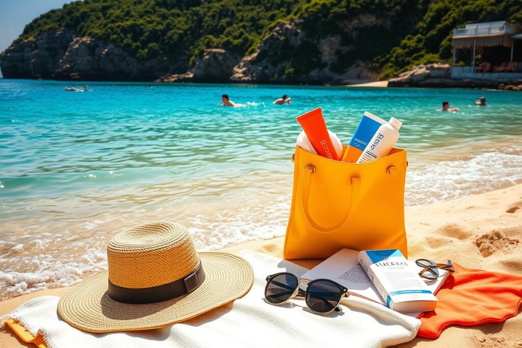 A sun-drenched beach scene on the coast of Sicily, with crystal-clear turquoise waters lapping at the shore. In the foreground, a neatly arranged collection of beach essentials - a plush towel, a straw hat, a pair of sunglasses, and a vibrant beach bag overflowing with sunscreen, a book, and a refreshing beverage. In the middle ground, a few people can be seen enjoying the tranquil setting, some swimming in the inviting waters, others lounging on the golden sand. The background features picturesque cliffs and lush, verdant foliage, creating a serene and idyllic coastal landscape. The overall scene is bathed in warm, golden sunlight, evoking a sense of relaxation and summer bliss. A sun-drenched beach scene on the coast of Sicily, with crystal-clear turquoise waters lapping at the shore. In the foreground, a neatly arranged collection of beach essentials - a plush towel, a straw hat, a pair of sunglasses, and a vibrant beach bag overflowing with sunscreen, a book, and a refreshing beverage. In the middle ground, a few people can be seen enjoying the tranquil setting, some swimming in the inviting waters, others lounging on the golden sand. The background features picturesque cliffs and lush, verdant foliage, creating a serene and idyllic coastal landscape. The overall scene is bathed in warm, golden sunlight, evoking a sense of relaxation and summer bliss.