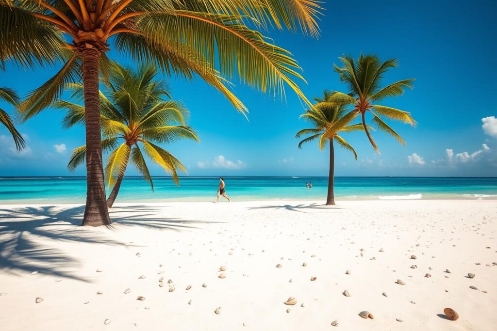 A sun-drenched beachscape on the idyllic Isla Holbox, Mexico. In the foreground, soft white sand dotted with seashells leads to gently lapping turquoise waves. Swaying palm trees line the shore, casting dappled shadows across the scene. In the middle ground, a few beachgoers stroll along the water's edge, their figures silhouetted against the horizon. The distant background reveals a cloudless azure sky, blending seamlessly with the tranquil sea. The lighting is natural and warm, capturing the serene, laid-back atmosphere of this tropical paradise. A lens with a wide aperture blurs the background, focusing the viewer's attention on the inviting, picture-perfect beach. A sun-drenched beachscape on the idyllic Isla Holbox, Mexico. In the foreground, soft white sand dotted with seashells leads to gently lapping turquoise waves. Swaying palm trees line the shore, casting dappled shadows across the scene. In the middle ground, a few beachgoers stroll along the water's edge, their figures silhouetted against the horizon. The distant background reveals a cloudless azure sky, blending seamlessly with the tranquil sea. The lighting is natural and warm, capturing the serene, laid-back atmosphere of this tropical paradise. A lens with a wide aperture blurs the background, focusing the viewer's attention on the inviting, picture-perfect beach.
