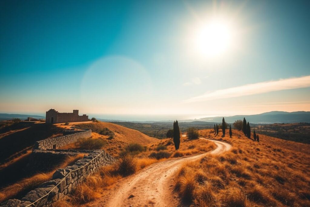 A sun-drenched landscape in Sicily, Italy, captures the essence of the island's best travel season for active vacations. Vibrant blue skies stretch above a rolling countryside dotted with ancient stone ruins, olive groves, and the occasional cypress tree. In the foreground, a winding dirt path leads the eye through the scene, inviting the viewer to embark on an adventurous journey. Warm, golden light filters through the air, casting a soft, inviting glow over the entire composition. The scene evokes a sense of timeless tranquility, hinting at the alluring opportunities for hiking, cycling, and exploring the natural wonders of Sicily during its prime travel season. A sun-drenched landscape in Sicily, Italy, captures the essence of the island's best travel season for active vacations. Vibrant blue skies stretch above a rolling countryside dotted with ancient stone ruins, olive groves, and the occasional cypress tree. In the foreground, a winding dirt path leads the eye through the scene, inviting the viewer to embark on an adventurous journey. Warm, golden light filters through the air, casting a soft, inviting glow over the entire composition. The scene evokes a sense of timeless tranquility, hinting at the alluring opportunities for hiking, cycling, and exploring the natural wonders of Sicily during its prime travel season.