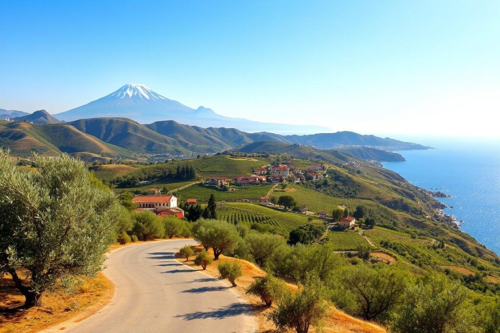 A sun-drenched landscape of rolling hills and vibrant vineyards, framed by the azure expanse of the Mediterranean Sea. In the foreground, a winding road invites the viewer to embark on a leisurely journey, with ancient olive trees casting gentle shadows. The middle ground showcases quaint villages nestled among the verdant terraces, their terracotta roofs glowing warmly in the golden light. In the distance, the majestic silhouette of Mount Etna rises, its snow-capped peak a testament to the dynamic natural forces that have shaped this enchanting island. A warm, inviting atmosphere permeates the scene, hinting at the relaxation and indulgence that await the discerning traveler during the ideal Sicilian season.