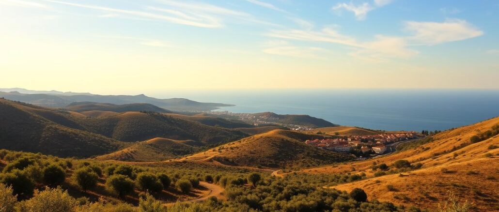 A sun-drenched landscape on the island of Sicily, captured in the golden glow of a Mediterranean afternoon. Rolling hills dotted with olive groves and vineyards stretch out in the foreground, their lush green hues contrasted by the warm, terracotta-tiled roofs of a quaint village nestled in the distance. In the middle ground, a winding road leads the eye towards the stunning coastline, where the deep blue of the Tyrrhenian Sea meets the horizon. Overhead, a clear sky is punctuated by wispy cirrus clouds, casting gentle shadows over the scene. The overall atmosphere is one of tranquility and timelessness, perfectly encapsulating the ideal travel season for a Sicilian road trip.