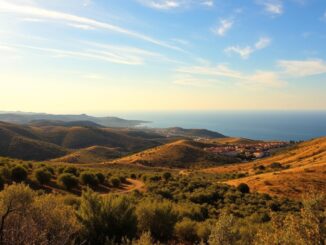 A sun-drenched landscape on the island of Sicily, captured in the golden glow of a Mediterranean afternoon. Rolling hills dotted with olive groves and vineyards stretch out in the foreground, their lush green hues contrasted by the warm, terracotta-tiled roofs of a quaint village nestled in the distance. In the middle ground, a winding road leads the eye towards the stunning coastline, where the deep blue of the Tyrrhenian Sea meets the horizon. Overhead, a clear sky is punctuated by wispy cirrus clouds, casting gentle shadows over the scene. The overall atmosphere is one of tranquility and timelessness, perfectly encapsulating the ideal travel season for a Sicilian road trip.