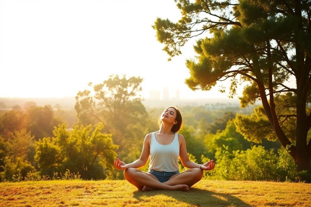 A sun-drenched landscape, with a warm, golden glow casting a serene atmosphere. In the foreground, a person sits cross-legged, basking in the natural light, their face uplifted and eyes closed, embodying a sense of mindfulness and rejuvenation. The middle ground features lush greenery, perhaps a park or garden, with trees and plants swaying gently in a soft breeze. In the distance, the horizon is dotted with buildings, representing the urban environment, yet the scene maintains a tranquil and restorative mood. The lighting is soft and diffused, creating a calming, therapeutic ambiance that encourages the viewer to pause, breathe, and embrace the power of daylight to combat jet lag.