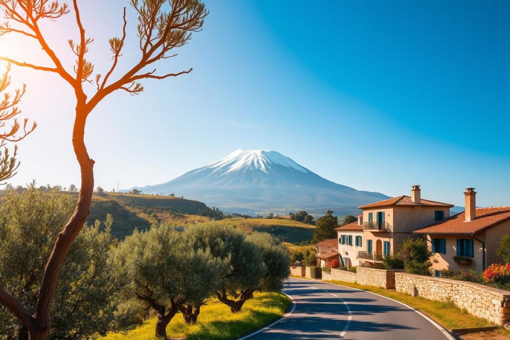 A tranquil Italian landscape unfolds, featuring the rolling hills and picturesque villages of Sicily. In the foreground, a winding road leads through lush olive groves, their gnarled trunks casting gentle shadows. Towering Mount Etna, the island's iconic volcano, looms in the distance, its snow-capped peak framed by a clear, azure sky. Quaint stone houses with terracotta roofs dot the hillsides, their windows and balconies adorned with vibrant flowers. A warm, golden light suffuses the scene, evoking a sense of timeless charm and Mediterranean serenity. The overall composition conveys the budget-friendly nature of a Sicilian road trip, where the natural beauty and cultural richness of the island can be experienced at an affordable pace.