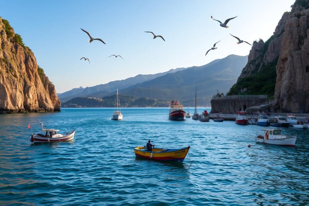 A tranquil harbor on the coast of Sicily, boats gently rocking in the azure waters. Towering cliffs frame the scene, their weathered facades casting long shadows as the sun dips below the horizon. Vibrant fishing vessels dot the harbor, their hulls painted in vibrant blues and reds. Seagulls soar overhead, their cries echoing across the calm waters. In the distance, the silhouettes of rolling hills and verdant forests stretch out, beckoning visitors to explore the natural wonders of this island paradise. The atmosphere is one of peaceful solitude, inviting travelers to lose themselves in the serene beauty of this Sicilian coastal setting. A tranquil harbor on the coast of Sicily, boats gently rocking in the azure waters. Towering cliffs frame the scene, their weathered facades casting long shadows as the sun dips below the horizon. Vibrant fishing vessels dot the harbor, their hulls painted in vibrant blues and reds. Seagulls soar overhead, their cries echoing across the calm waters. In the distance, the silhouettes of rolling hills and verdant forests stretch out, beckoning visitors to explore the natural wonders of this island paradise. The atmosphere is one of peaceful solitude, inviting travelers to lose themselves in the serene beauty of this Sicilian coastal setting.
