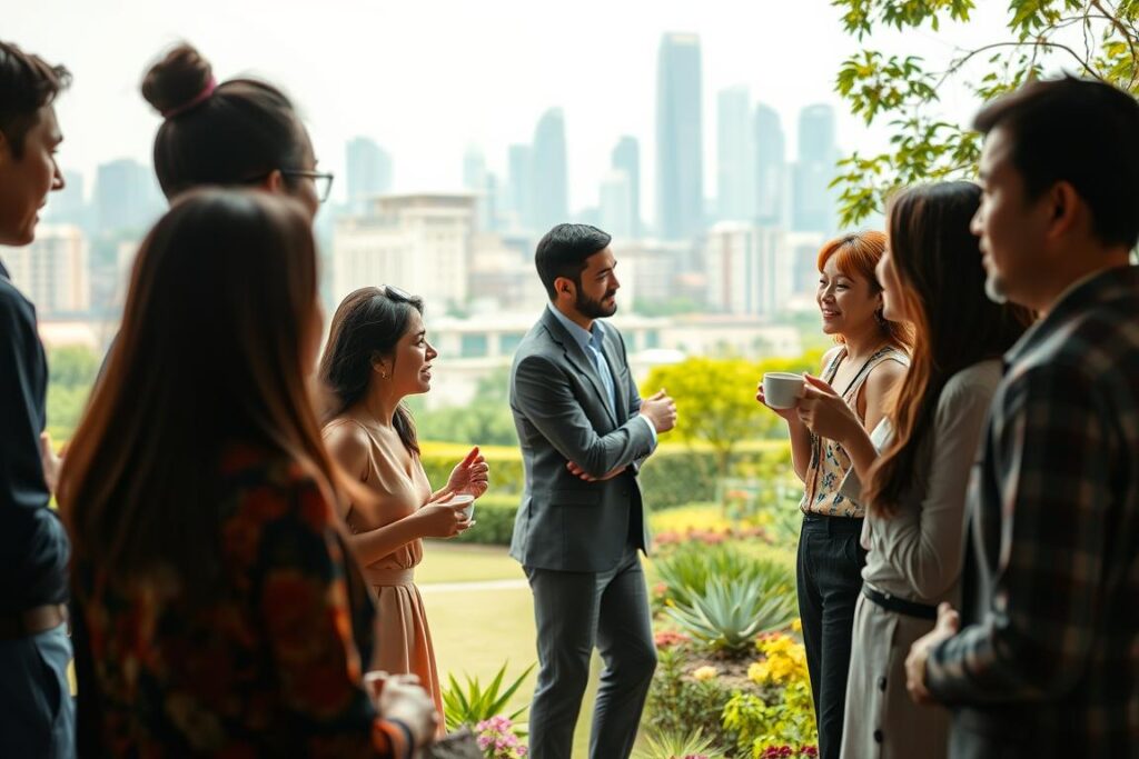 A vibrant cultural scene unfolds, showcasing how individuals from diverse backgrounds navigate social etiquette with grace. In the foreground, a group of professionals engage in lively conversation, each person mindful of nonverbal cues and cultural nuances. The middle ground depicts a serene garden setting, where two colleagues from different nationalities share a cup of tea, their body language radiating mutual understanding. In the background, a bustling city skyline serves as a backdrop, hinting at the global context in which these cultural exchanges take place. Warm, diffused lighting sets a mood of harmony, while a slightly cinematic, documentary-style composition captures the essence of this cultural awareness in action.